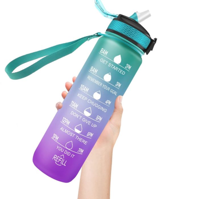 green purple water bottle